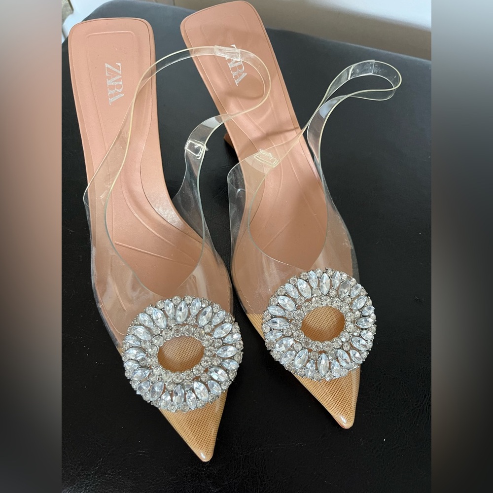 Zara Nude Pointed Slingbacks with Crystal Rosette
